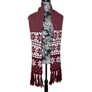 Red White Knit Scarf Fair Isle Snowflake Pattern Fringe Soft Winter Holiday